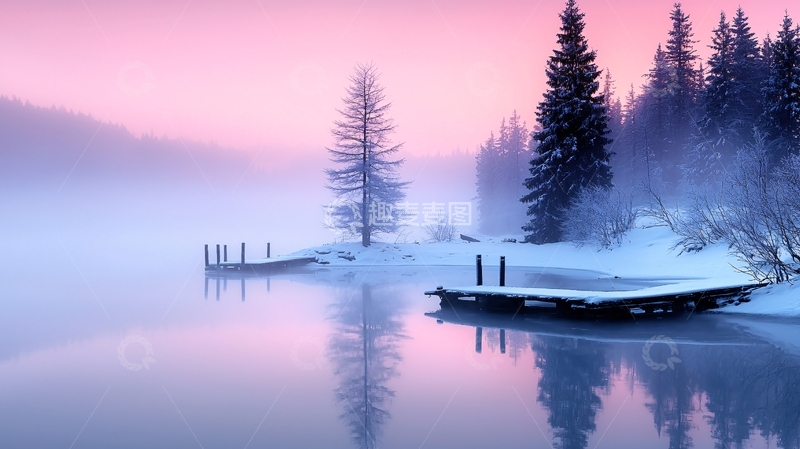 高清大图下载【趣麦麦图】冬日湖畔雾中静谧码头