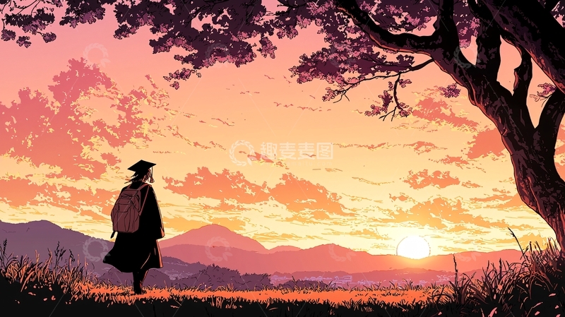 高清大图下载【趣麦麦图】日落下的毕业背影