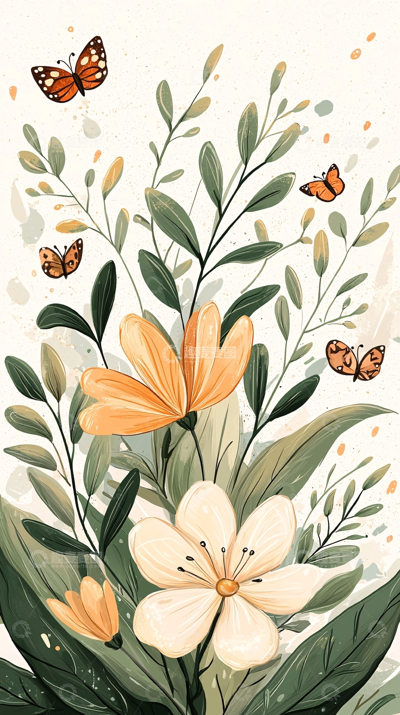 高清大图下载【趣麦麦图】秋日花蝶自然插画
