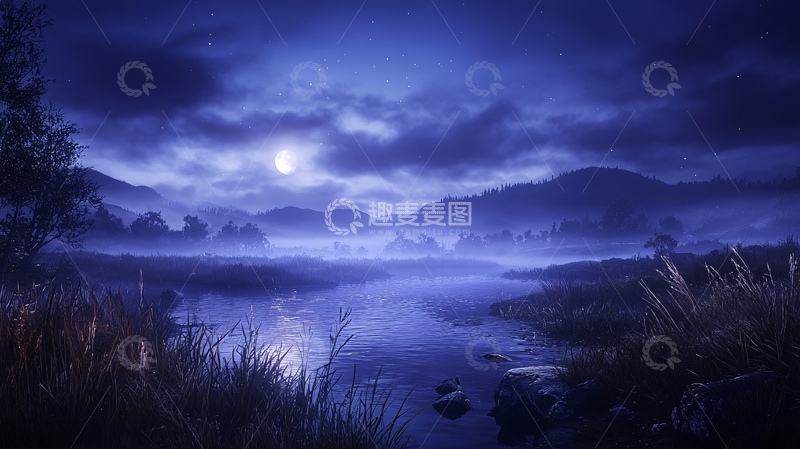 高清大图下载【趣麦麦图】月夜下的宁静河流
