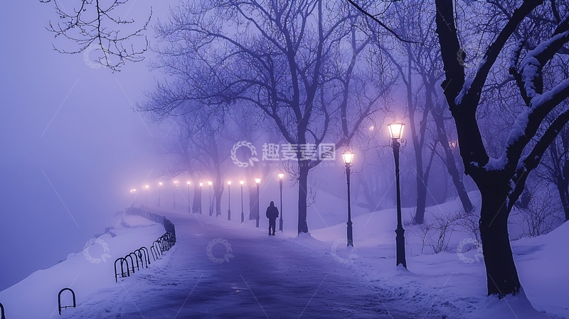 高清大图下载【趣麦麦图】冬夜雪景路灯行人