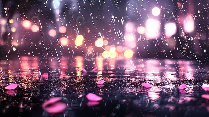 高清大图下载【趣麦麦图】雨夜霓虹灯下的花瓣