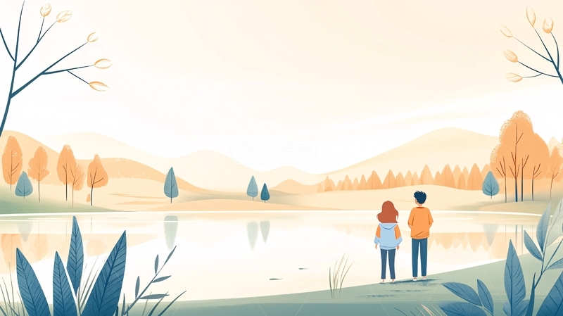 高清大图下载【趣麦麦图】秋日湖畔情侣漫步