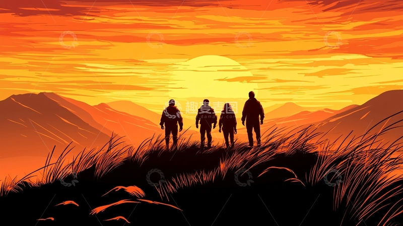 高清大图下载【趣麦麦图】日落山间徒步旅行者剪影