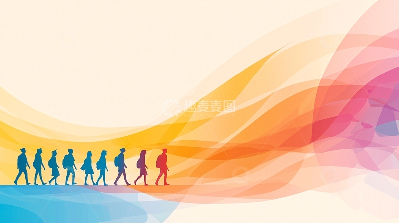 高清大图下载【趣麦麦图】彩虹渐变背景下的行进人群