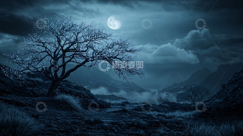 高清大图下载【趣麦麦图】月光下的孤独树