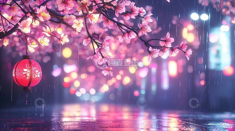 高清大图下载【趣麦麦图】樱花雨夜灯笼街景