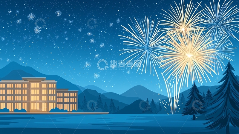 高清大图下载【趣麦麦图】夜晚烟花绽放的城市景观