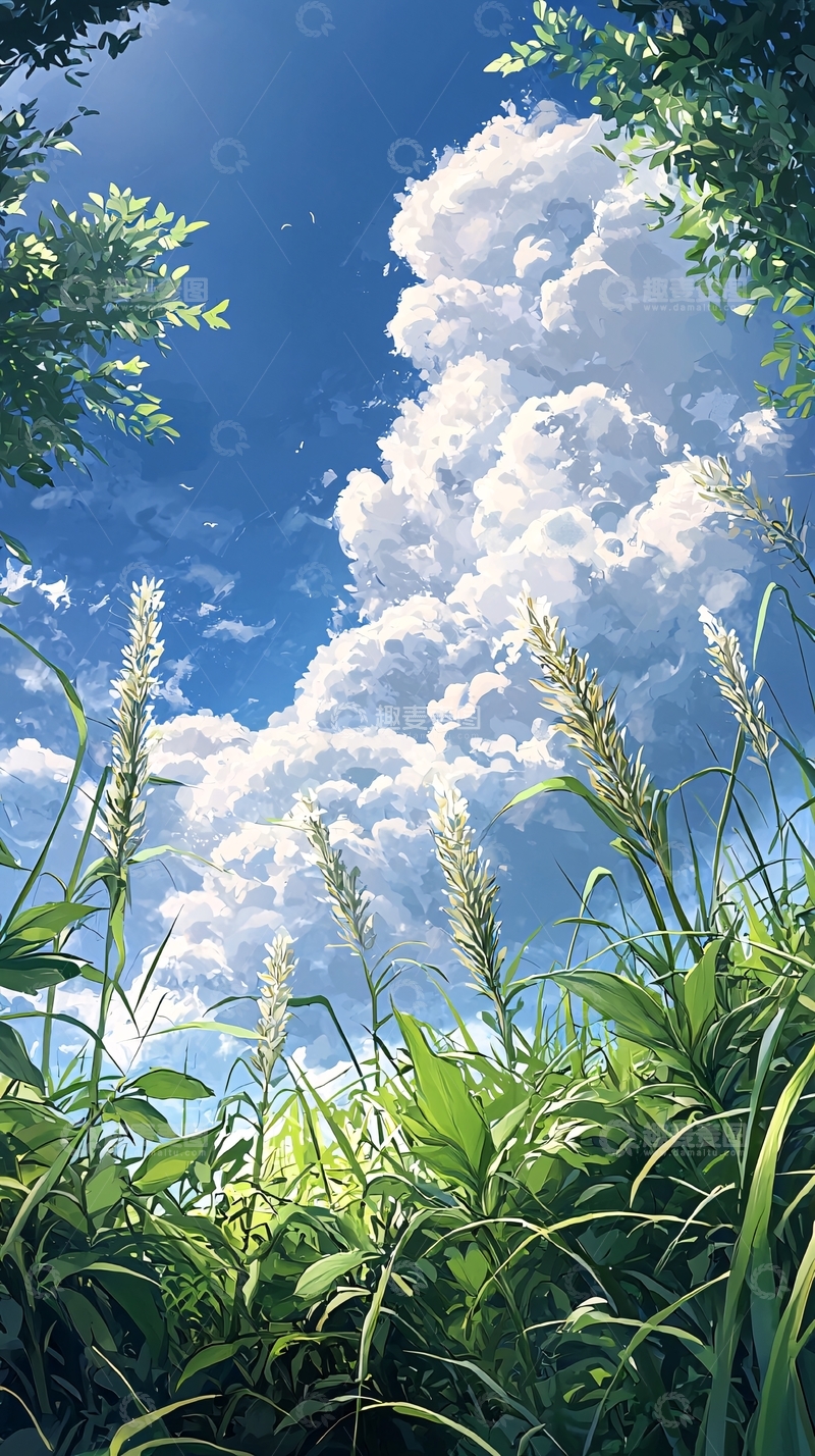 高清大图下载【趣麦麦图】蓝天白云下的绿色植物