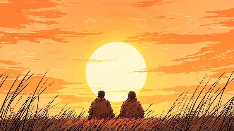 高清大图下载【趣麦麦图】夕阳下的二人剪影