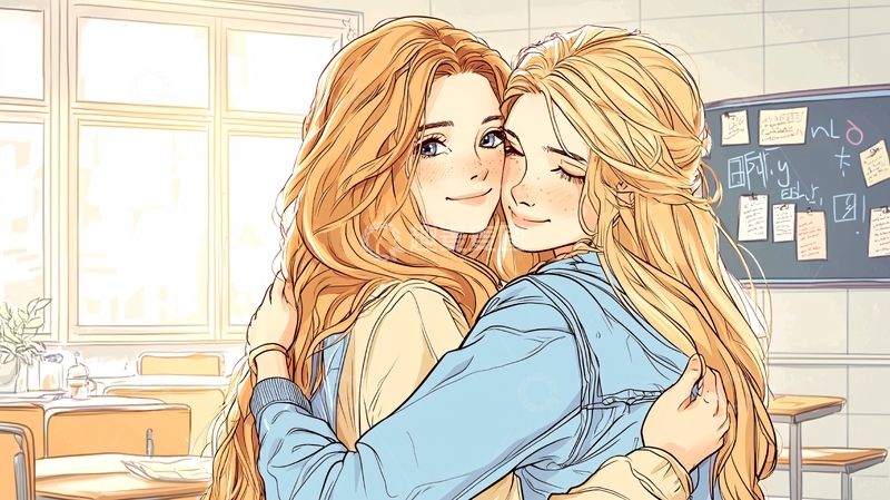 教室里的拥抱女孩插画