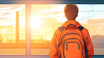 背着背包看日落的旅人