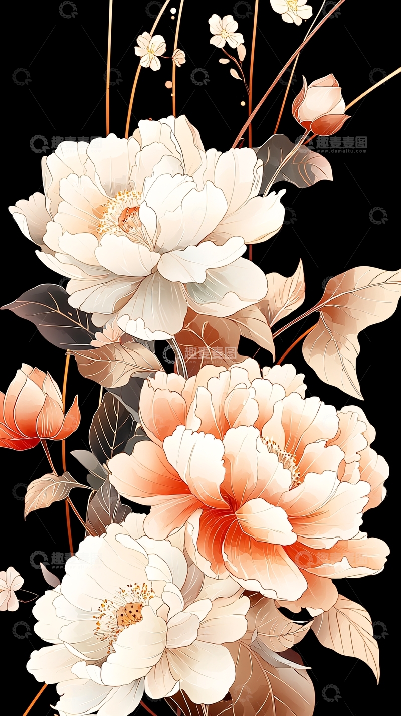 高清大图下载【趣麦麦图】牡丹花束插画素材