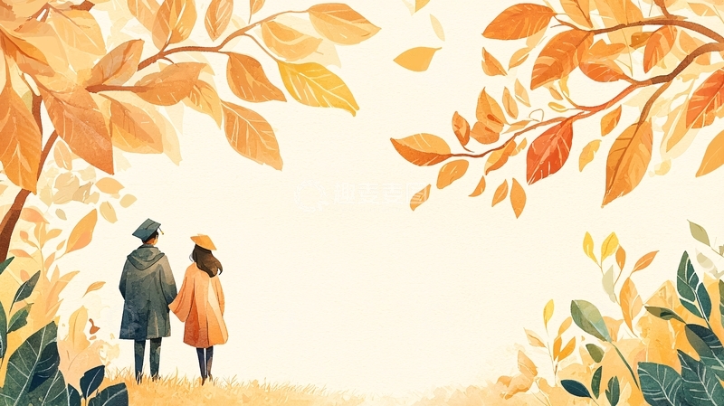 高清大图下载【趣麦麦图】秋日毕业典礼情侣背影