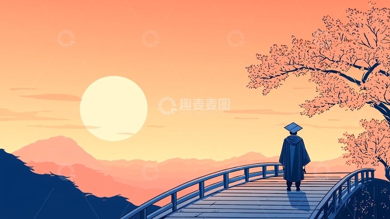高清大图下载【趣麦麦图】毕业日落桥上孤单人