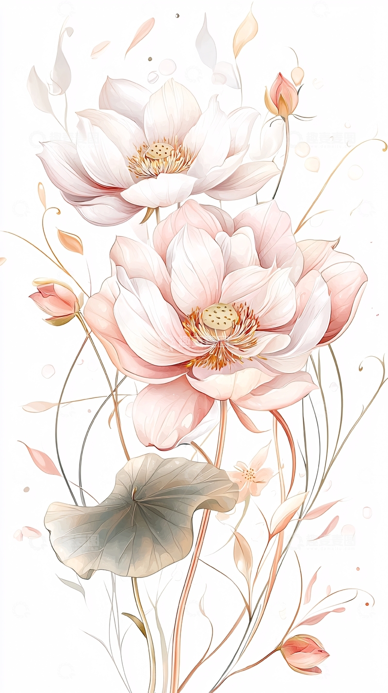高清大图下载【趣麦麦图】粉色莲花手绘插画素材