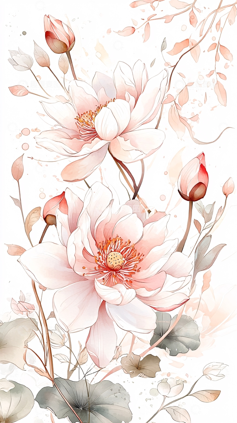 高清大图下载【趣麦麦图】粉色莲花手绘插画背景图