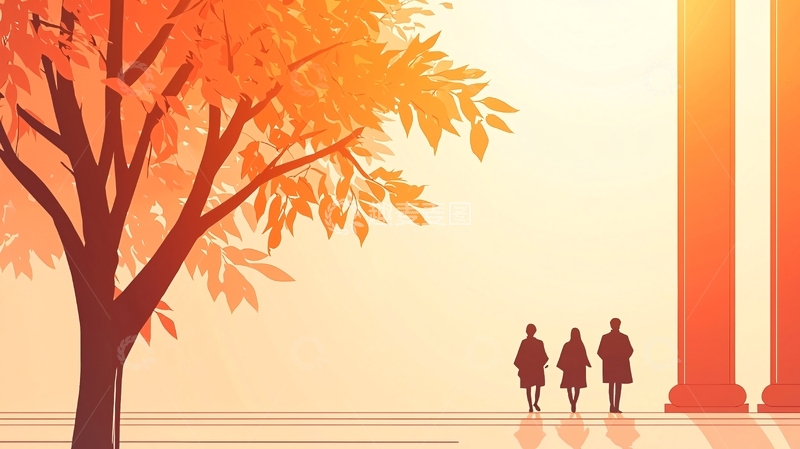 高清大图下载【趣麦麦图】秋日树下散步三人行