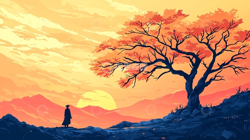 高清大图下载【趣麦麦图】秋日黄昏下的孤独旅人