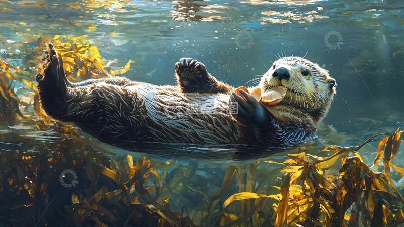 高清大图下载【趣麦麦图】海獭在水下吃贝壳