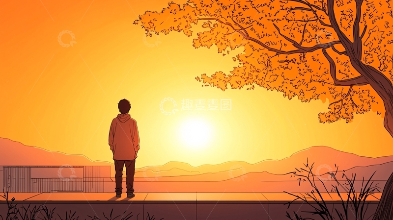 高清大图下载【趣麦麦图】秋日黄昏下的孤独身影