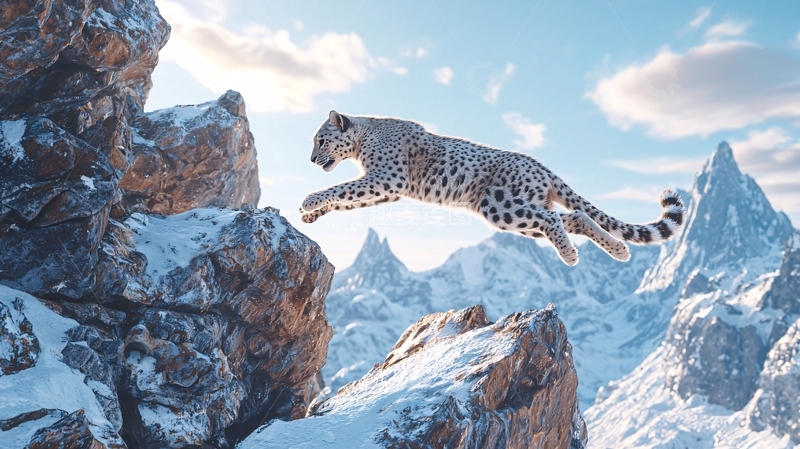 高清大图下载【趣麦麦图】雪豹飞跃雪山岩石
