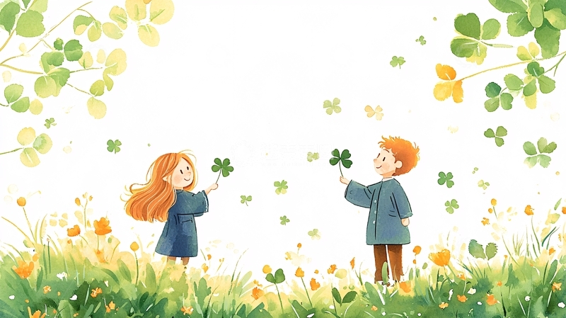 高清大图下载【趣麦麦图】春天里的孩子们与四叶草