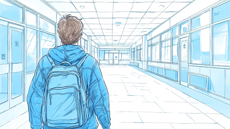 高清大图下载【趣麦麦图】蓝色背包的男孩在走廊上