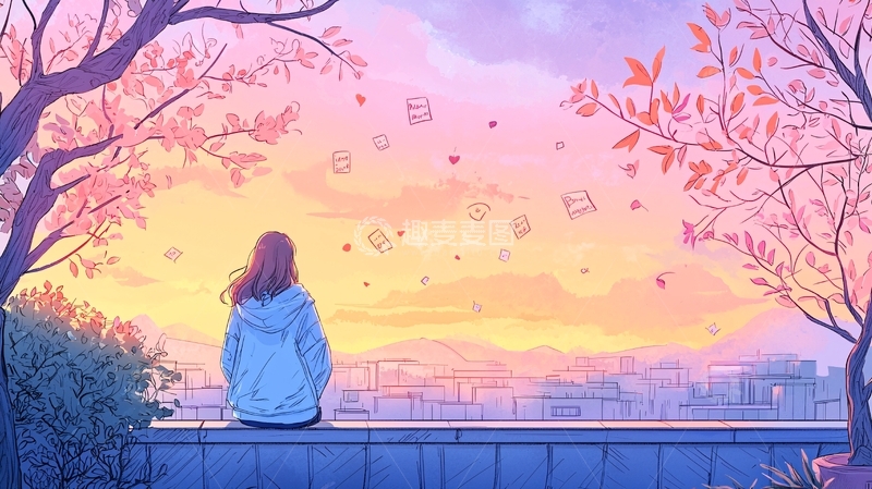 高清大图下载【趣麦麦图】秋日黄昏下的女孩与樱花树