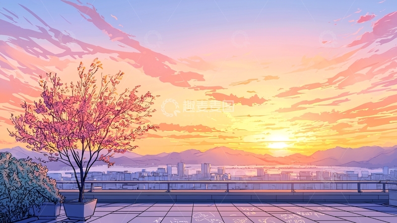 高清大图下载【趣麦麦图】日落城市屋顶风景