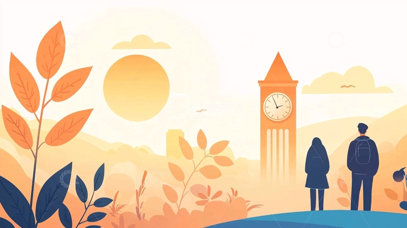 高清大图下载【趣麦麦图】秋日黄昏下的钟楼情侣