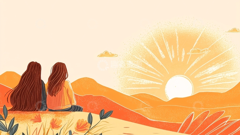 高清大图下载【趣麦麦图】夕阳下并肩而坐的朋友