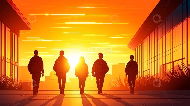 高清大图下载【趣麦麦图】夕阳下校园里的学生剪影