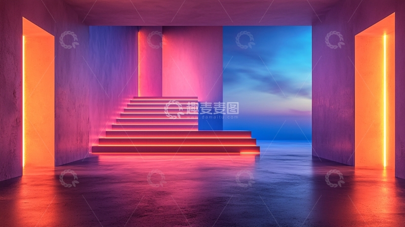 高清大图下载【趣麦麦图】霓虹楼梯与天空背景