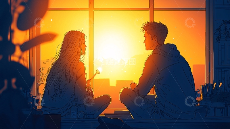 高清大图下载【趣麦麦图】夕阳下的情侣对话场景