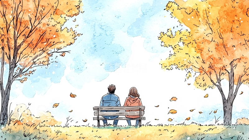 高清大图下载【趣麦麦图】秋日公园情侣坐椅