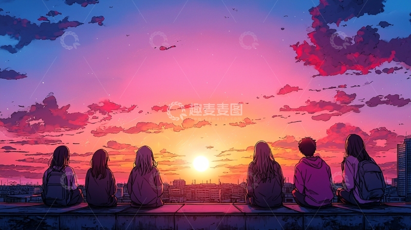 高清大图下载【趣麦麦图】夕阳下的青春友谊