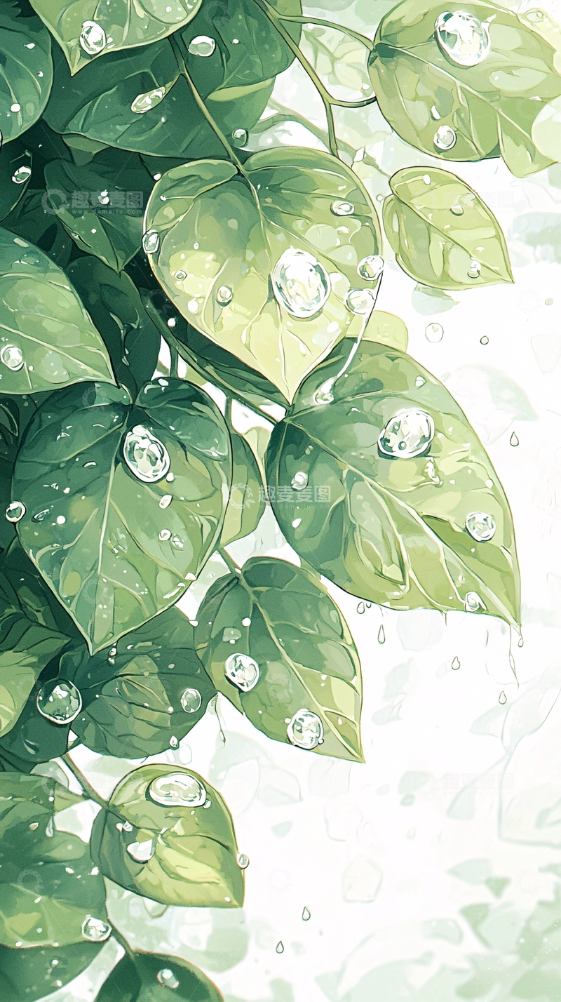 高清大图下载【趣麦麦图】雨后清新绿叶水珠插画