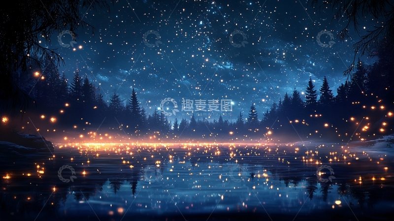 高清大图下载【趣麦麦图】夜色森林萤火虫湖畔