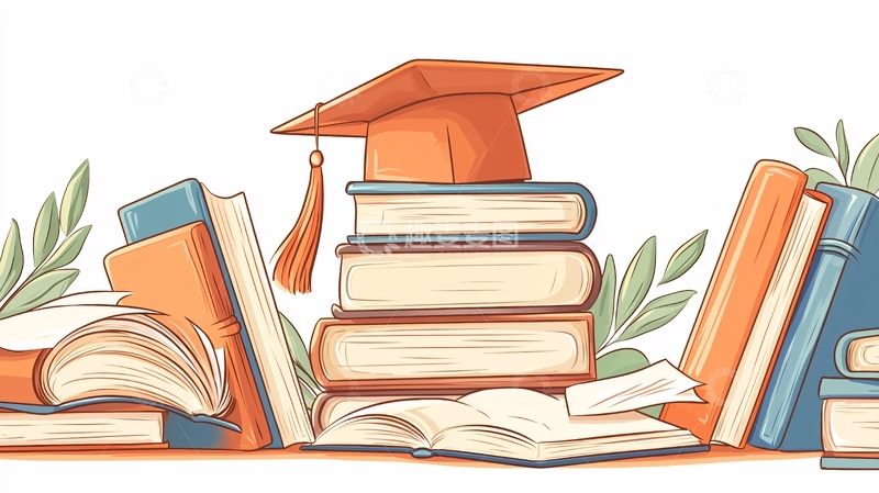 高清大图下载【趣麦麦图】毕业帽与书籍插画素材