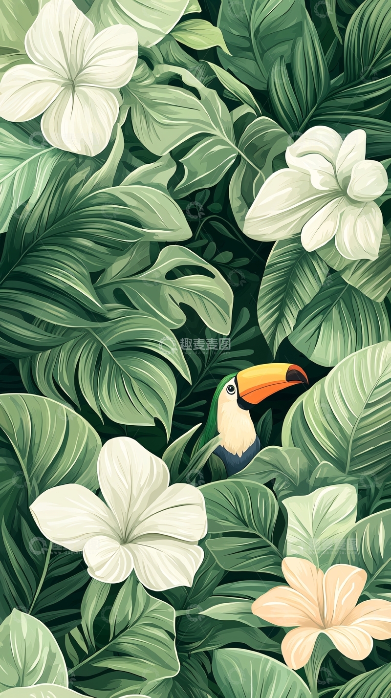 高清大图下载【趣麦麦图】热带雨林中的彩色鸟与花朵