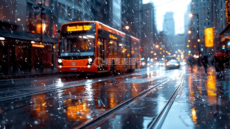 高清大图下载【趣麦麦图】雨中城市公交车