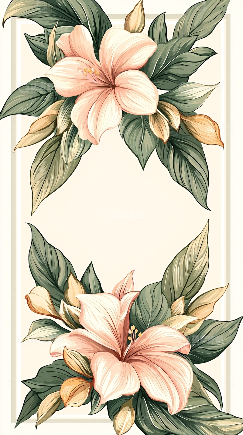 高清大图下载【趣麦麦图】粉色百合花与绿叶装饰图案