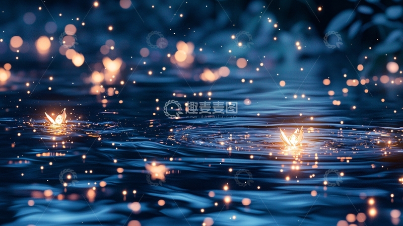 高清大图下载【趣麦麦图】梦幻水面上的烛光船