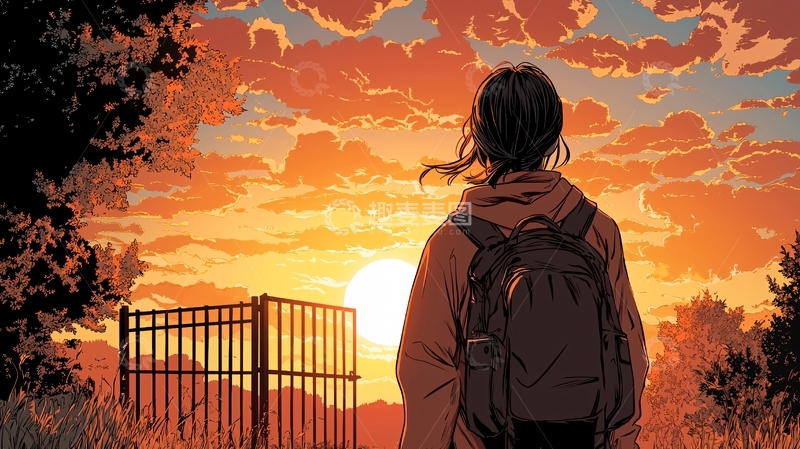 高清大图下载【趣麦麦图】夕阳下的旅人