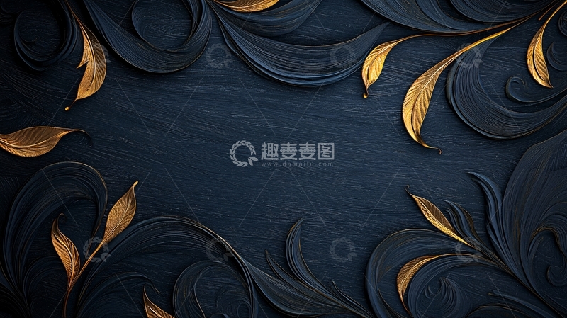 高清大图下载【趣麦麦图】深蓝背景金色叶子花纹素材