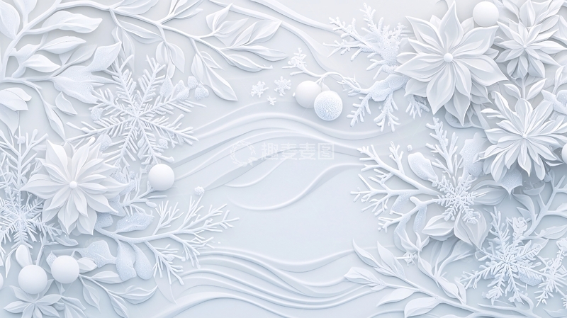 高清大图下载【趣麦麦图】冬季雪花与花朵立体艺术背景