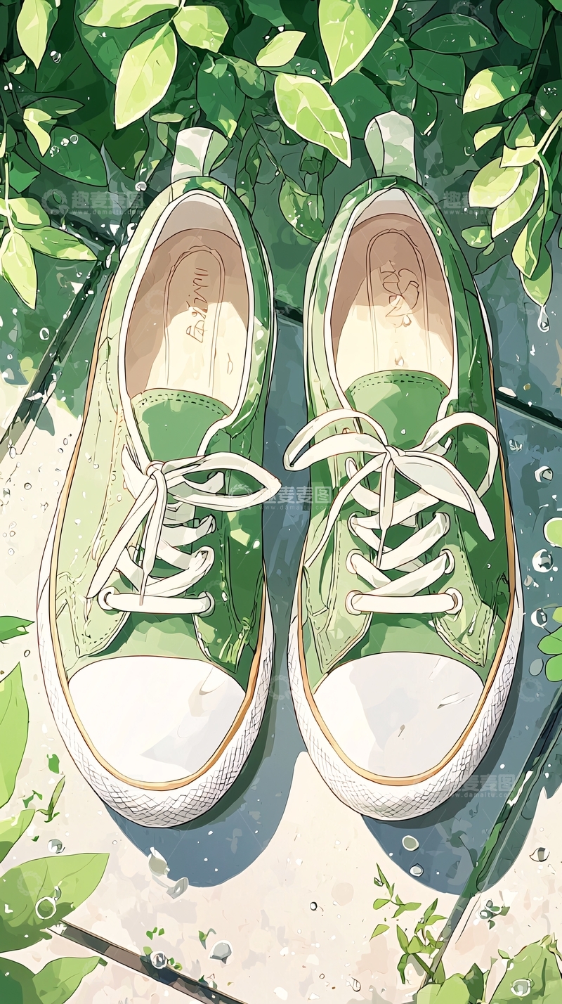 高清大图下载【趣麦麦图】绿色帆布鞋与绿叶背景