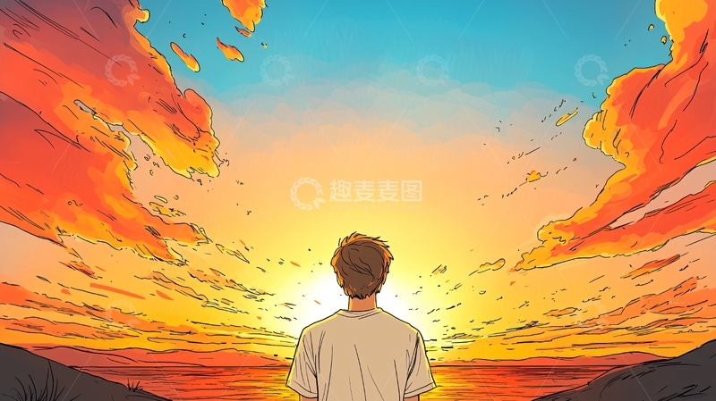 高清大图下载【趣麦麦图】夕阳下的孤独背影