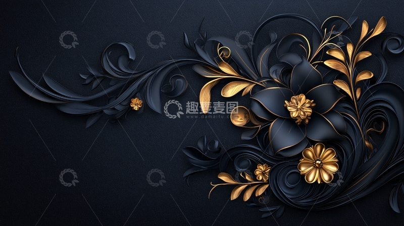 高清大图下载【趣麦麦图】黑色背景金色花卉装饰图案